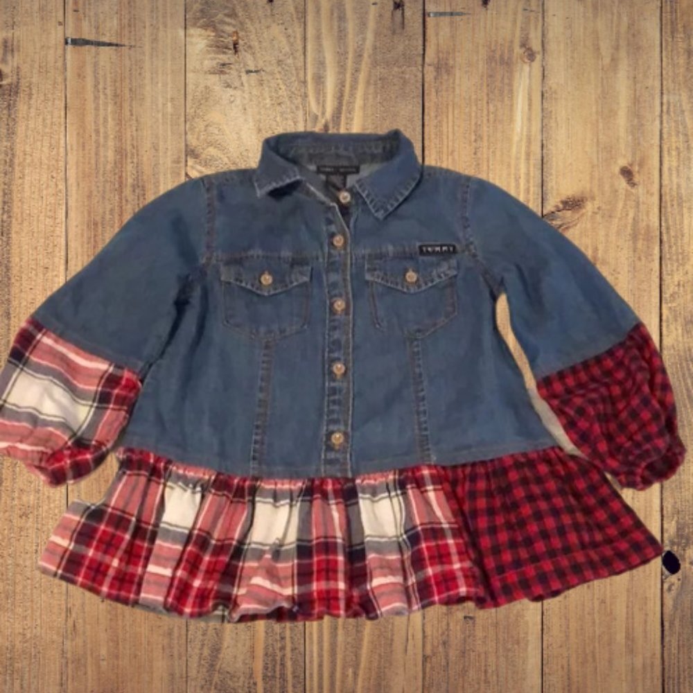 Adorable Denim Top w/Red Plaid Ruffle​